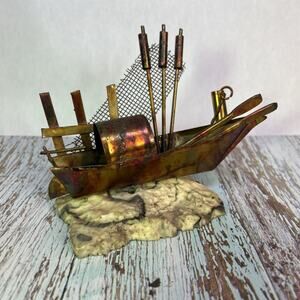 River Boat Fishing Sculpture – Tin & Copper on Ocean Rock – Nautical Art